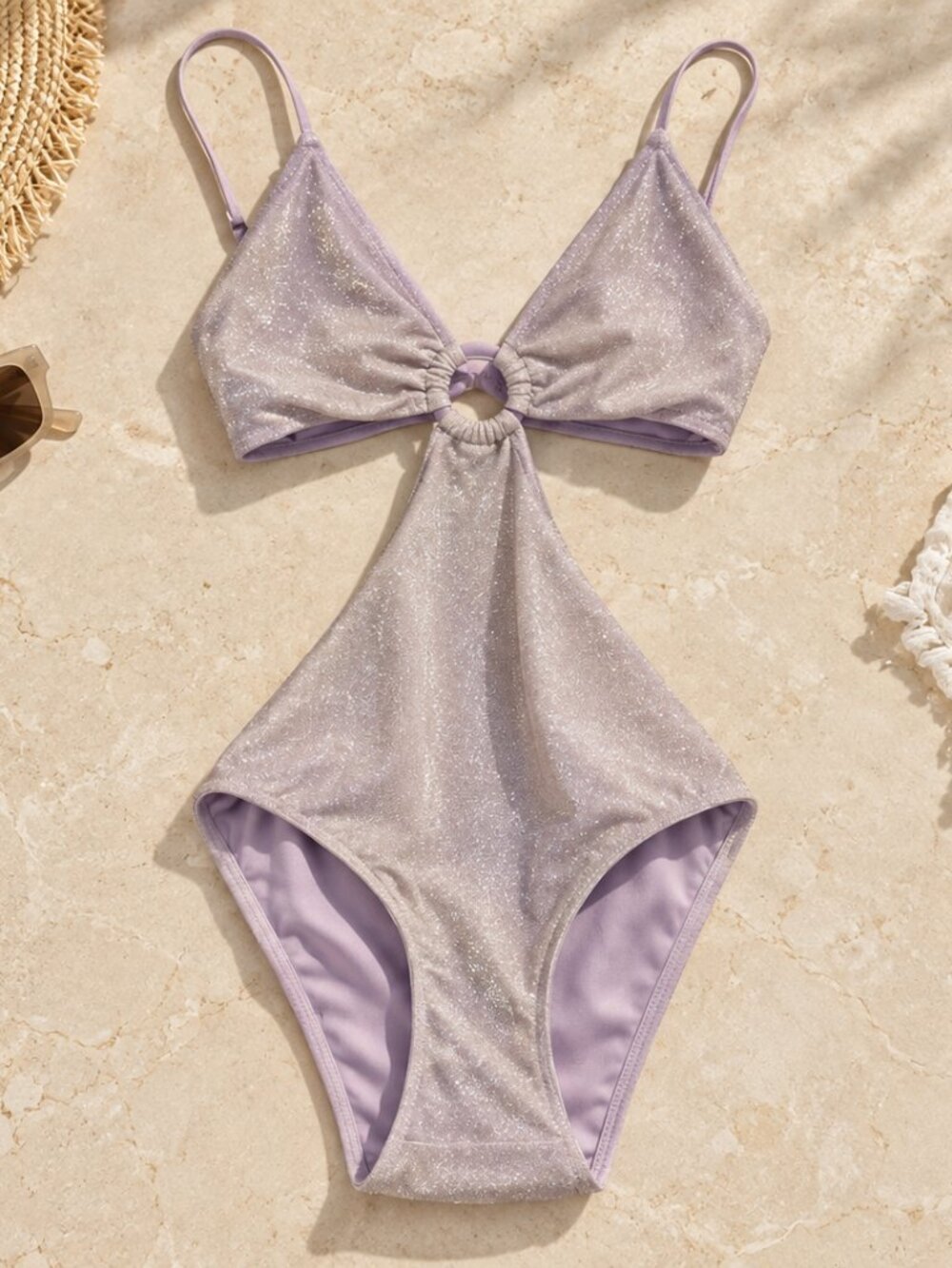 Undiz Lilac Purple Glitter Lurex O Ring Plunge Cut Out Monokini Swimsuit